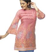 Light-hot-pink embroidered viscose short-kurtis