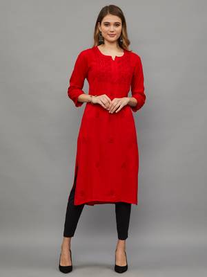 Ethnava Women's Lucknowi Chikankari Hand Embroidered Rayon Straight Kurta 3