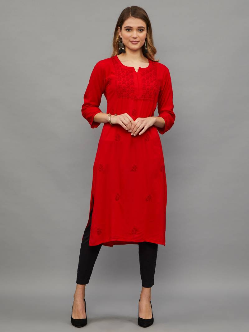 Ethnava Women's Lucknowi Chikankari Hand Embroidered Rayon Straight Kurta