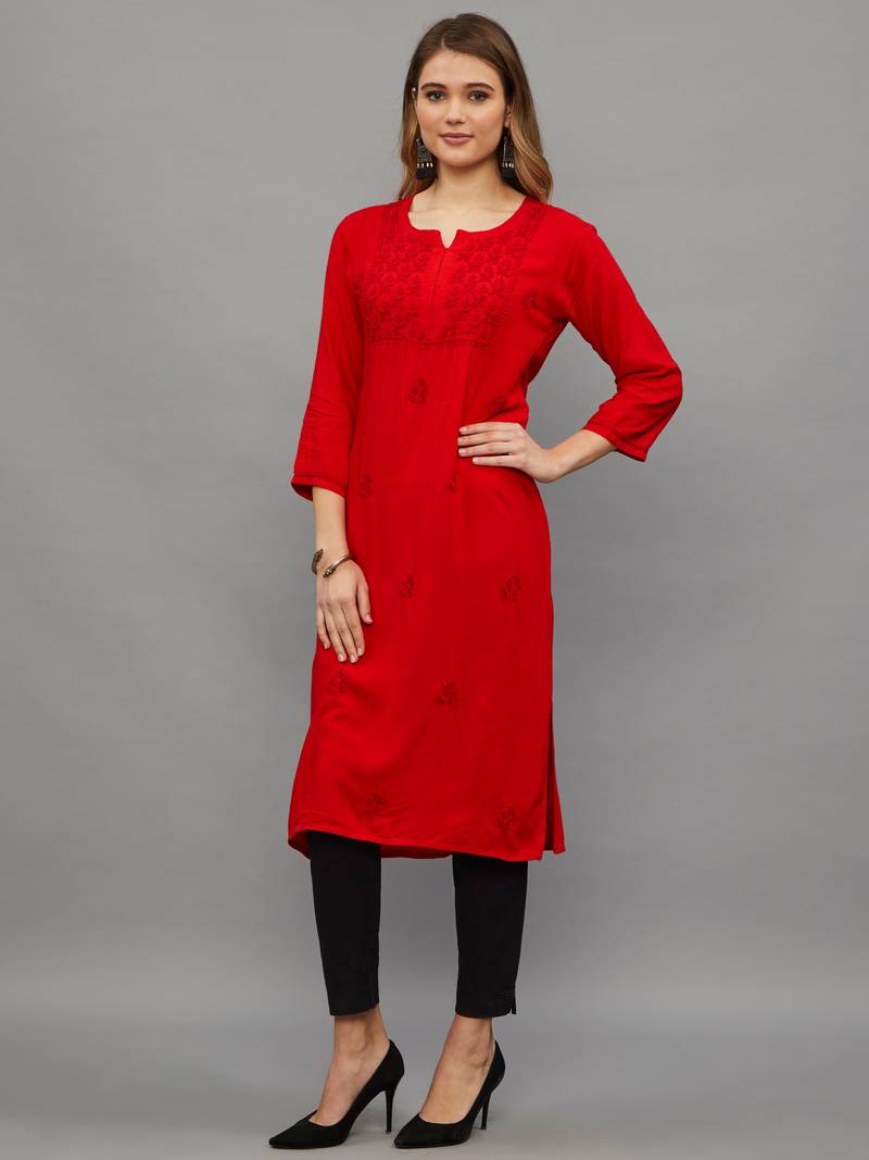 Ethnava Women's Lucknowi Chikankari Hand Embroidered Rayon Straight Kurta