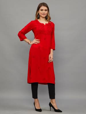 Ethnava Women's Lucknowi Chikankari Hand Embroidered Rayon Straight Kurta 5