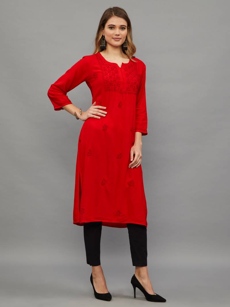 Ethnava Women's Lucknowi Chikankari Hand Embroidered Rayon Straight Kurta