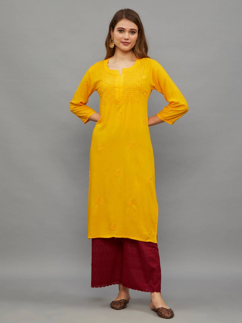 Ethnava Women's Lucknowi Chikankari Hand Embroidered Rayon Straight Kurta