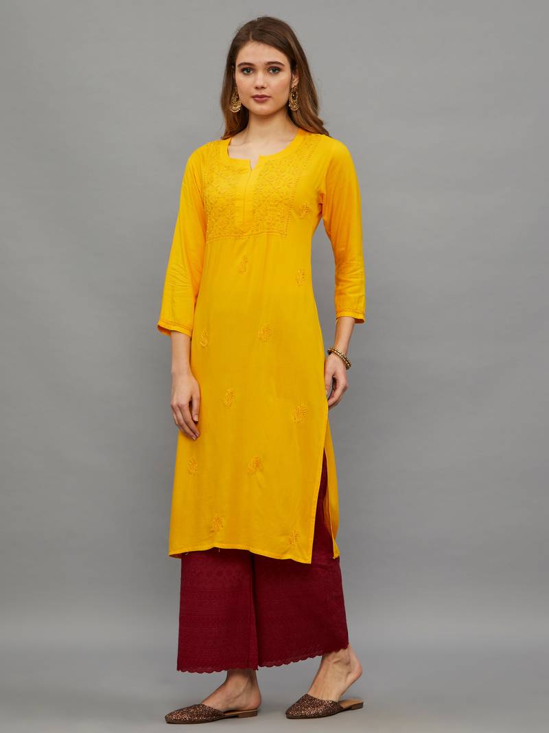 Ethnava Women's Lucknowi Chikankari Hand Embroidered Rayon Straight Kurta