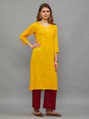 Ethnava Women's Lucknowi Chikankari Hand Embroidered Rayon Straight Kurta 5