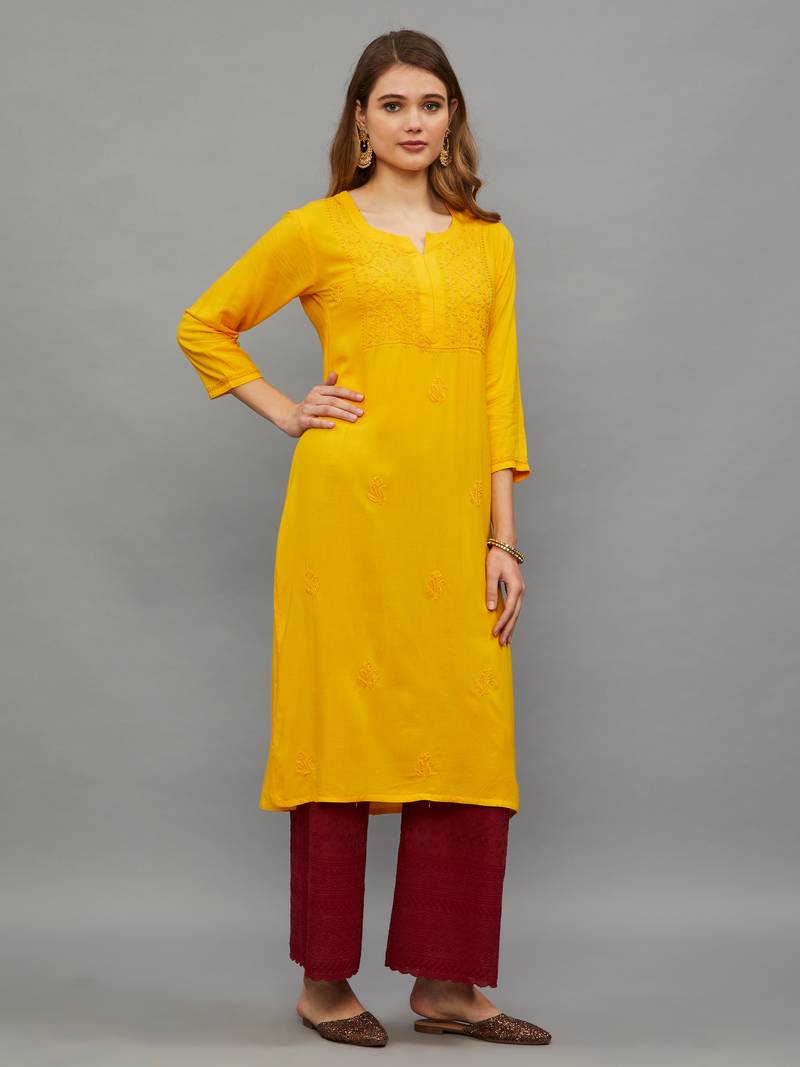 Ethnava Women's Lucknowi Chikankari Hand Embroidered Rayon Straight Kurta