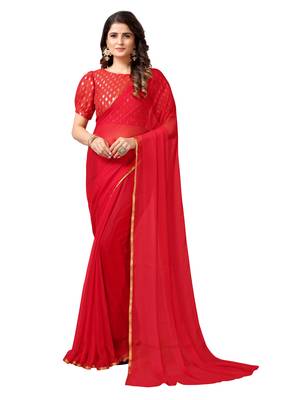 Red woven chiffon saree with blouse 1