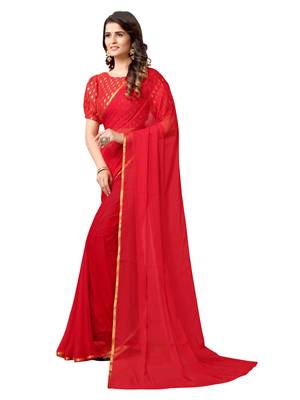 Red woven chiffon saree with blouse 2