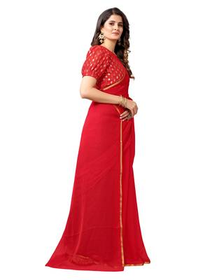 Red woven chiffon saree with blouse 3