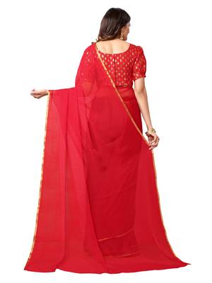 Red woven chiffon saree with blouse 4