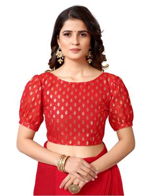 Red woven chiffon saree with blouse 5