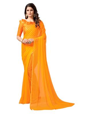 Orange woven chiffon saree with blouse 1
