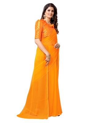 Orange woven chiffon saree with blouse 3