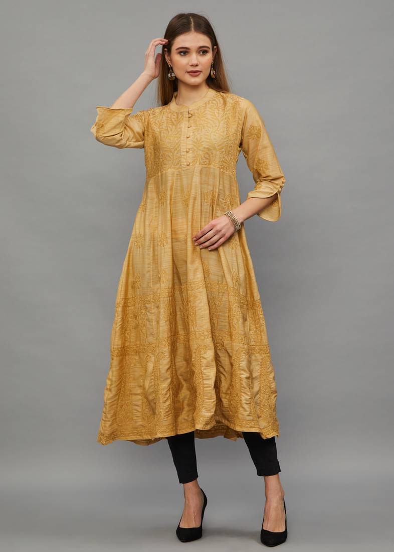 Ethnava Women's Chikankari Hand Embroidered Apple Silk Anarkali Kurta