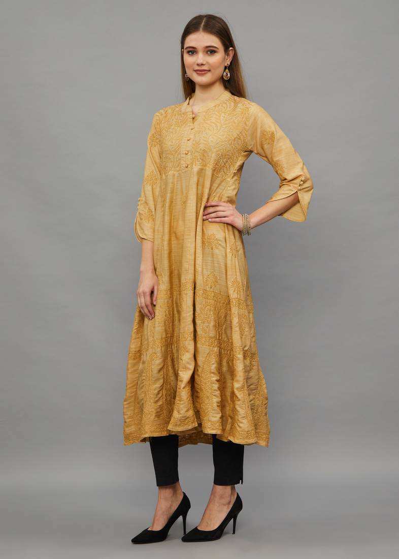 Ethnava Women's Chikankari Hand Embroidered Apple Silk Anarkali Kurta