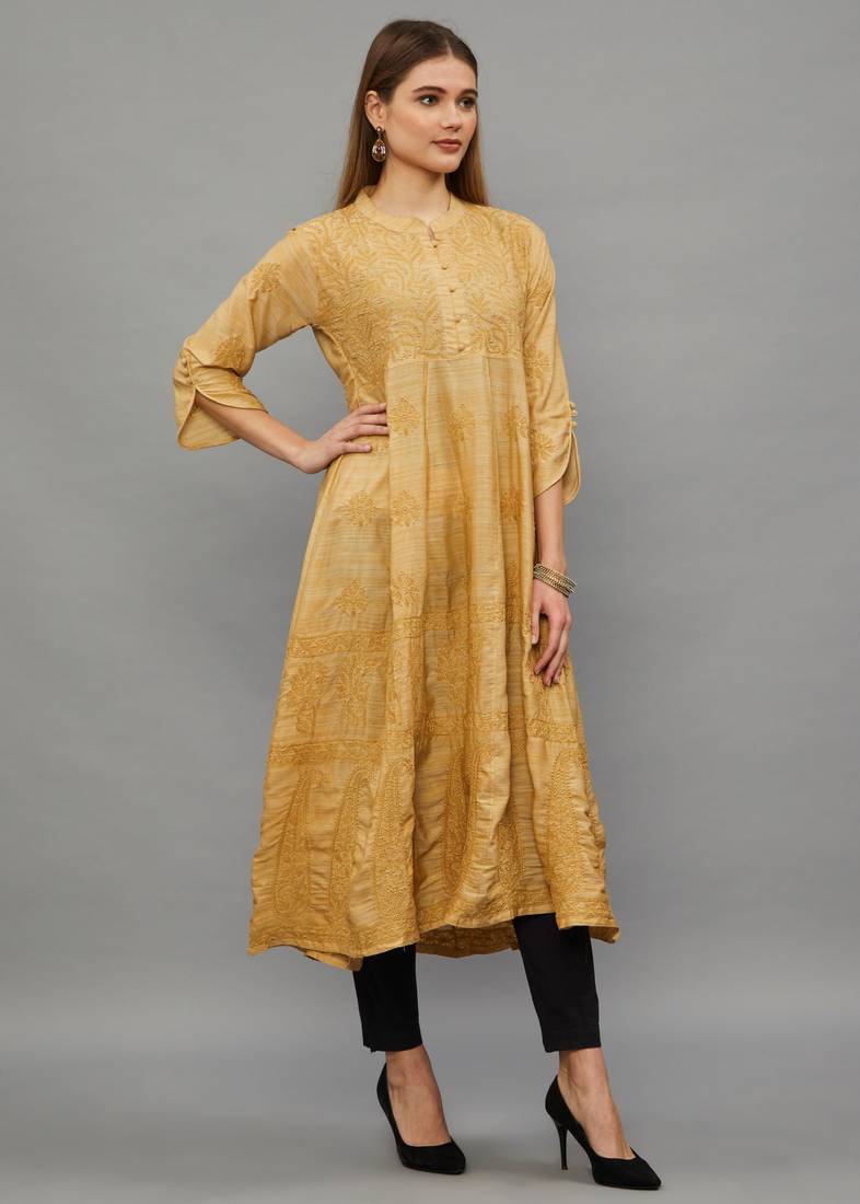 Ethnava Women's Chikankari Hand Embroidered Apple Silk Anarkali Kurta