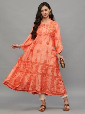 Ethnava Women's Chikankari Hand Embroidered Apple Silk Anarkali Kurta 3