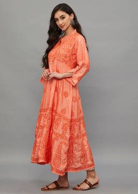 Ethnava Women's Chikankari Hand Embroidered Apple Silk Anarkali Kurta 4
