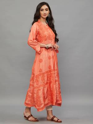 Ethnava Women's Chikankari Hand Embroidered Apple Silk Anarkali Kurta 5