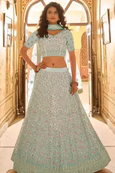 Light-green thread embroidery crepe semi stitched lehenga