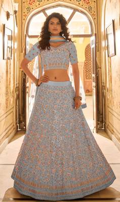 Light-purple zari, dori, thread, zarkan, embroidered crepe Semi Stitched Lehenga 1