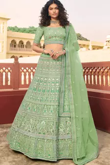 Light-green resham embroidery organza semi stitched lehenga