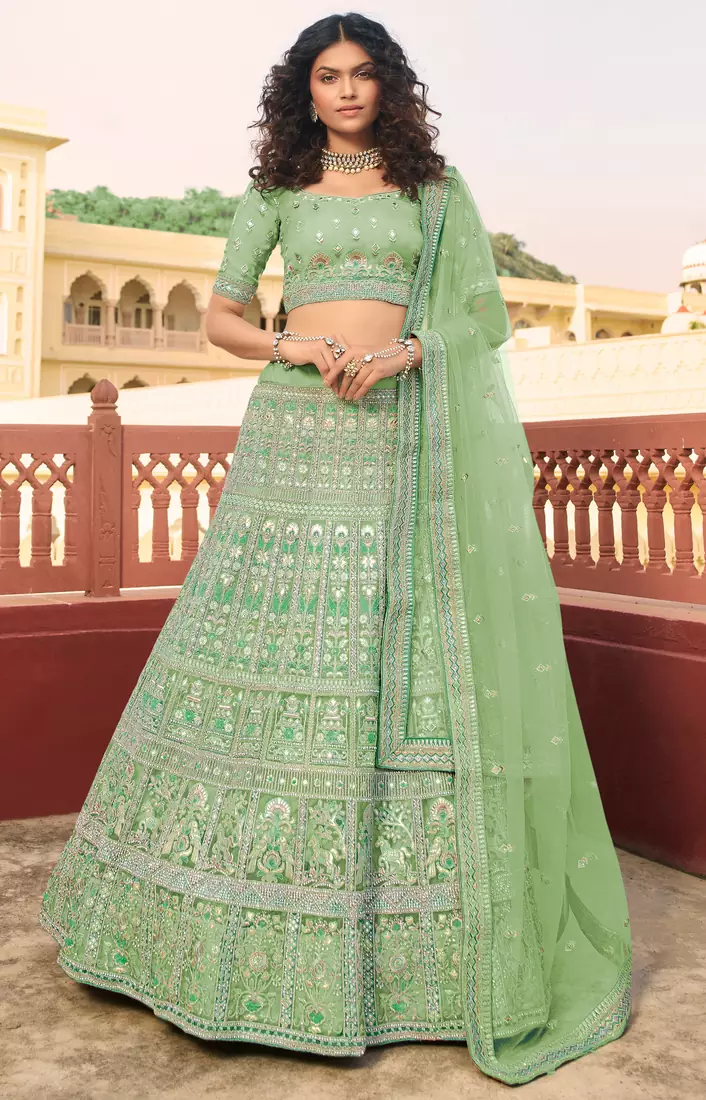 Light-green resham embroidery organza semi stitched lehenga