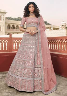 Light-pink sequins, resham, zari, dori, zarkan, gota, embroidered organza Semi Stitched Lehenga 1