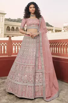 Light-pink resham embroidery organza semi stitched lehenga