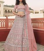 Light-pink sequins, resham, zari, dori, zarkan, gota, embroidered organza Semi Stitched Lehenga