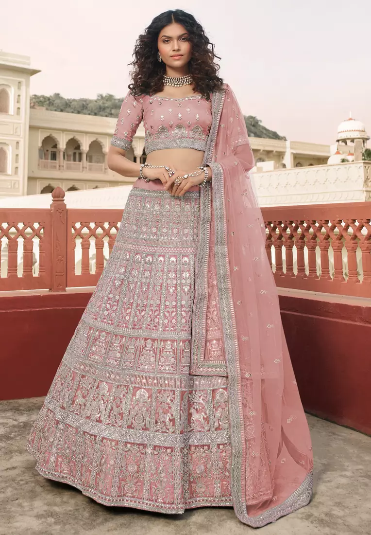 Light-pink resham embroidery organza semi stitched lehenga