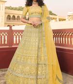 Yellow sequins, zari, dori, zarkan, gota, and resham embroidered organza Semi Stitched Lehenga