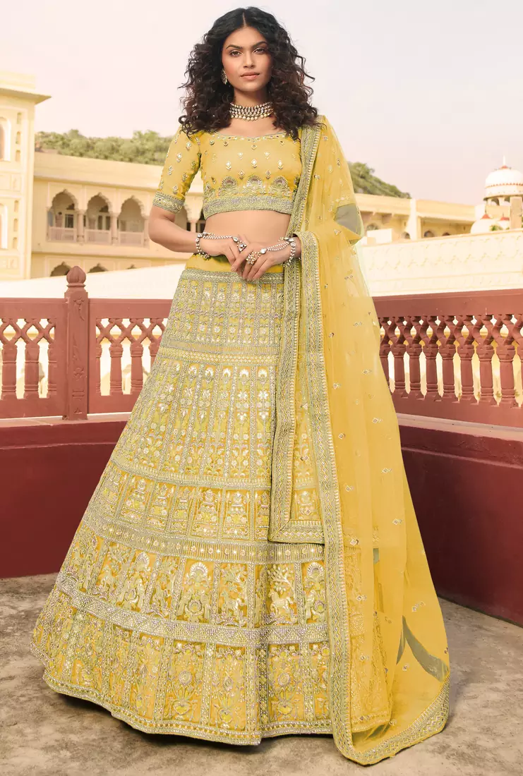 Yellow resham embroidery organza semi stitched lehenga
