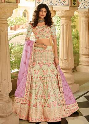 Light-Turquoise Thread Zari Gota Zarkan Embroidered Crepe Silk Semi Stitched Lehenga 1