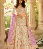 Light-Turquoise Thread Zari Gota Zarkan Embroidered Crepe Silk Semi Stitched Lehenga