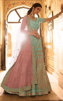 Turquoise thread, zari, gota, zarkan, embroidered crepe Semi Stitched Lehenga 1