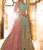 Turquoise thread, zari, gota, zarkan, embroidered crepe Semi Stitched Lehenga