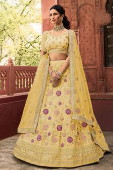 Yellow thread embroidery organza semi stitched lehenga