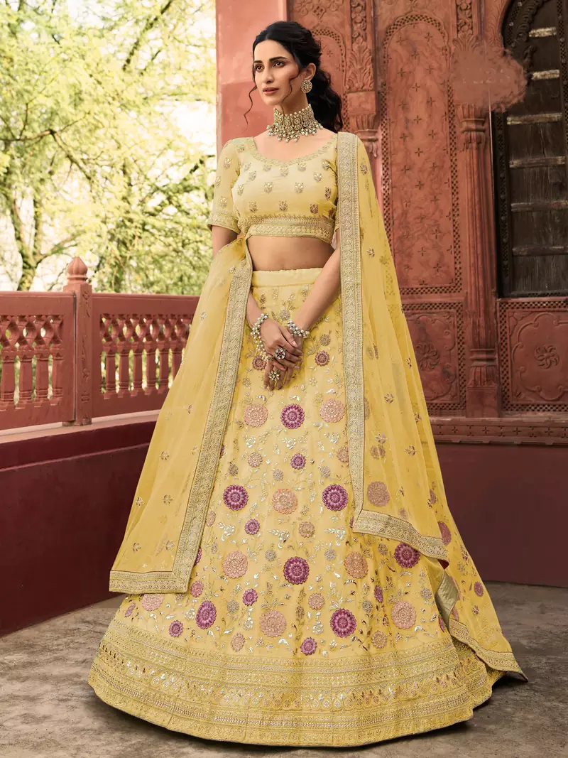 Yellow thread embroidery organza semi stitched lehenga
