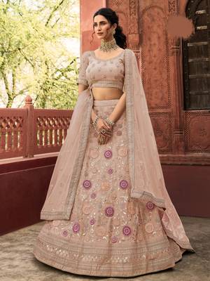Beige zarkan, dori, velvet pasting, and thread embroidered organza Semi Stitched Lehenga 1