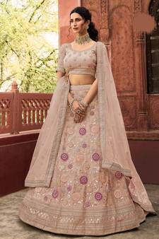 Beige thread embroidery organza semi stitched lehenga