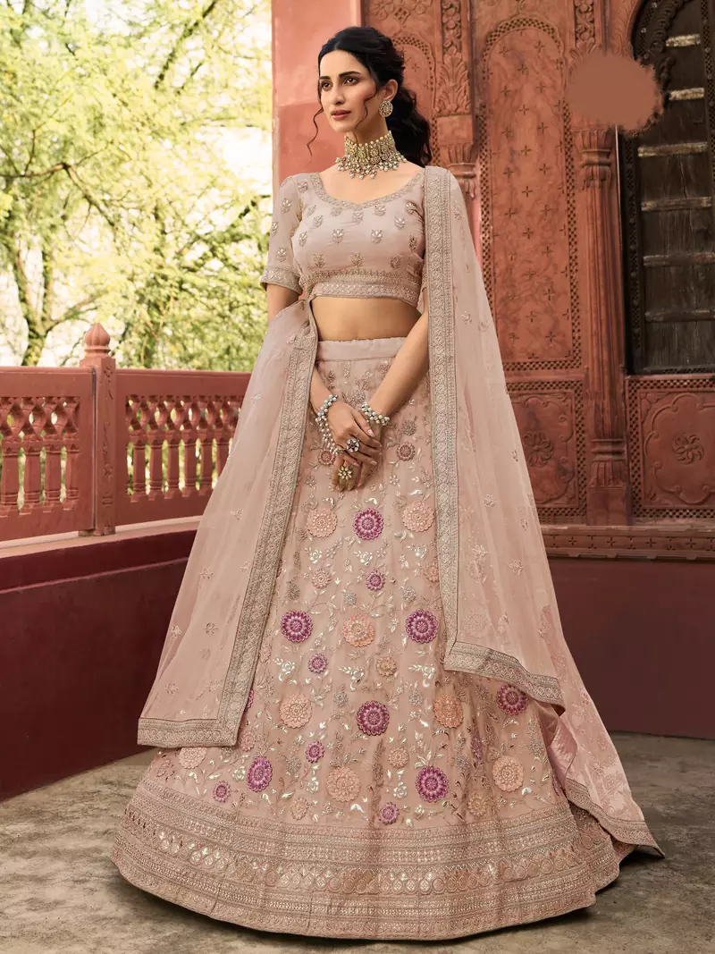 Beige thread embroidery organza semi stitched lehenga