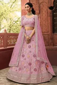 Pink thread embroidery organza semi stitched lehenga