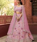 Pink zarkan, dori, velvet pasting, and thread embroidered eorganza Semi Stitched Lehenga