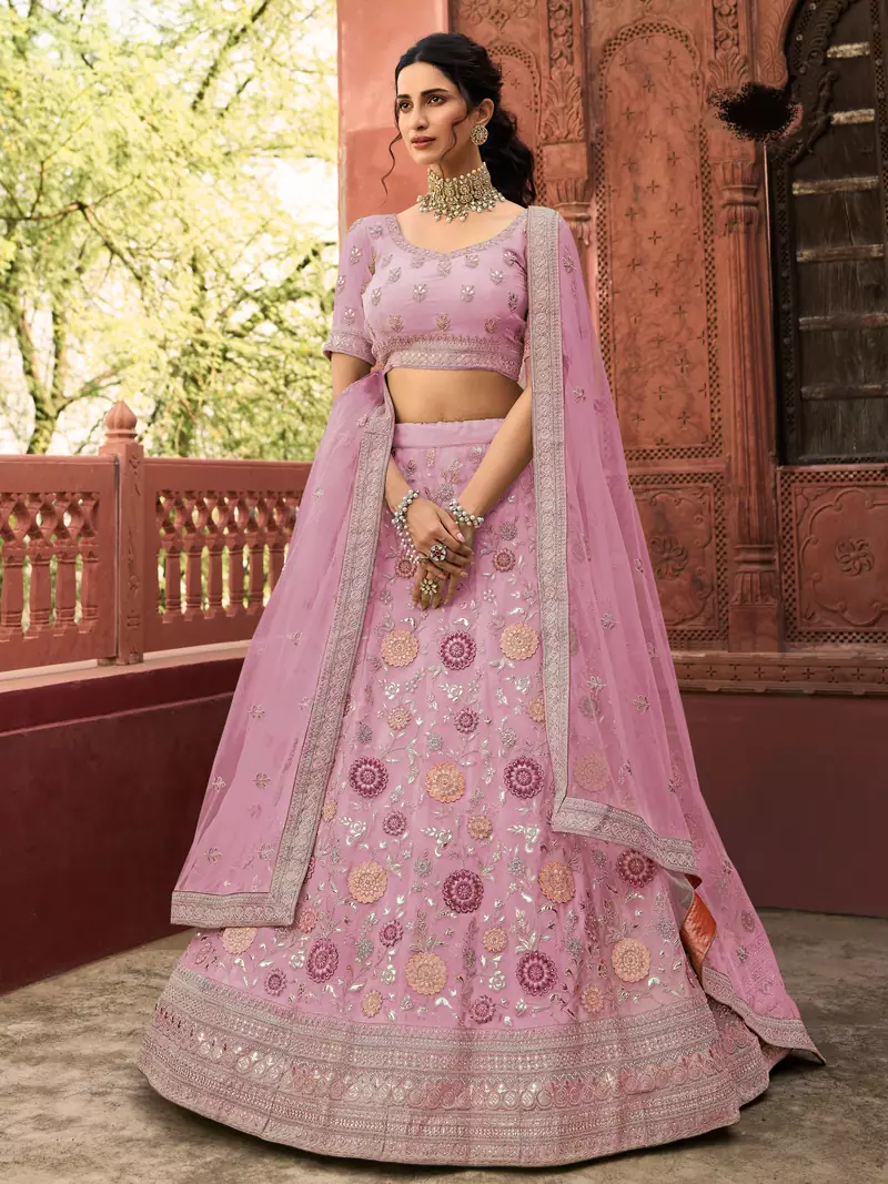 Pink thread embroidery organza semi stitched lehenga