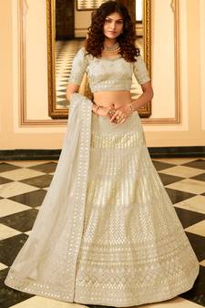 Off-white thread embroidery organza semi stitched lehenga