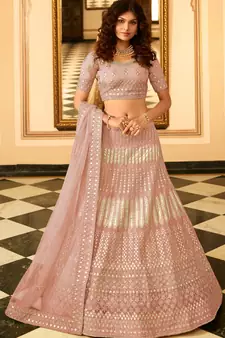 Light-purple thread embroidery organza semi stitched lehenga