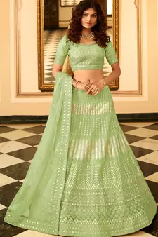 Light-green thread embroidery organza semi stitched lehenga
