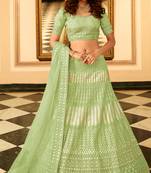 Light-green thread, zari, gota, zarkan, embroidered organza Semi Stitched Lehenga