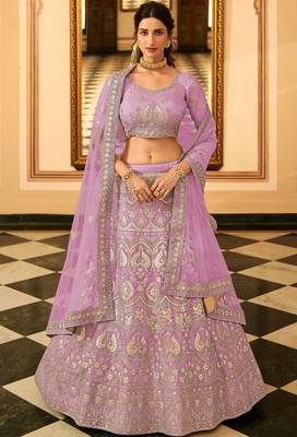 Purple sequins, resham, zari, dori, zarkan, gota, embroidered organza Semi Stitched Lehenga 1